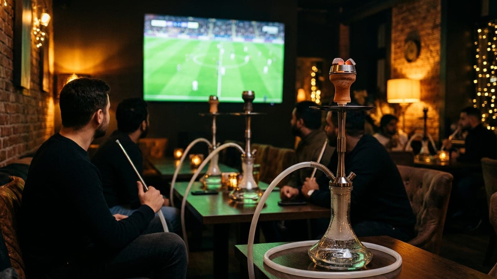 Friends watching a Champions League match on a big screen with stainless steel shishas at Loco's in Okaibe